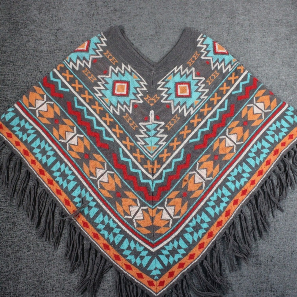 Southwestern Geometric Knit Fringed Poncho Gray Orange Turquoise V-Neck RN145645